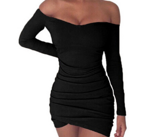 Amazon Explosion Wishes New Long Sleeve Neck Collar Sexy Pleated Slim Bag Hip Dress