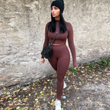 Two Piece Sets Women Solid Autumn Tracksuits High Waist Stretchy Sportswear Hot Crop Tops And Leggings Matching Outfits