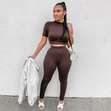 Summer Women Sport Fitness 2 Two Piece Set Outfits Long Sleeve Crop Tops T-Shirt Leggings Pants Set Bodycon Tracksuit