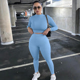 Summer Women Sport Fitness 2 Two Piece Set Outfits Long Sleeve Crop Tops T-Shirt Leggings Pants Set Bodycon Tracksuit