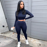 Summer Women Sport Fitness 2 Two Piece Set Outfits Long Sleeve Crop Tops T-Shirt Leggings Pants Set Bodycon Tracksuit