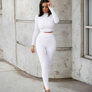 Summer Women Sport Fitness 2 Two Piece Set Outfits Long Sleeve Crop Tops T-Shirt Leggings Pants Set Bodycon Tracksuit