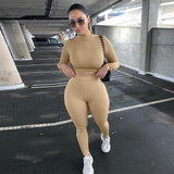 Summer Women Sport Fitness 2 Two Piece Set Outfits Long Sleeve Crop Tops T-Shirt Leggings Pants Set Bodycon Tracksuit